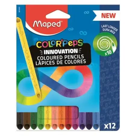 Maped Color`Peps Infinity Pack de 12 Lapices de Colores de Larga Duracion - Hecho Totalmente de Mina - Colores Surtidos | Ahorro