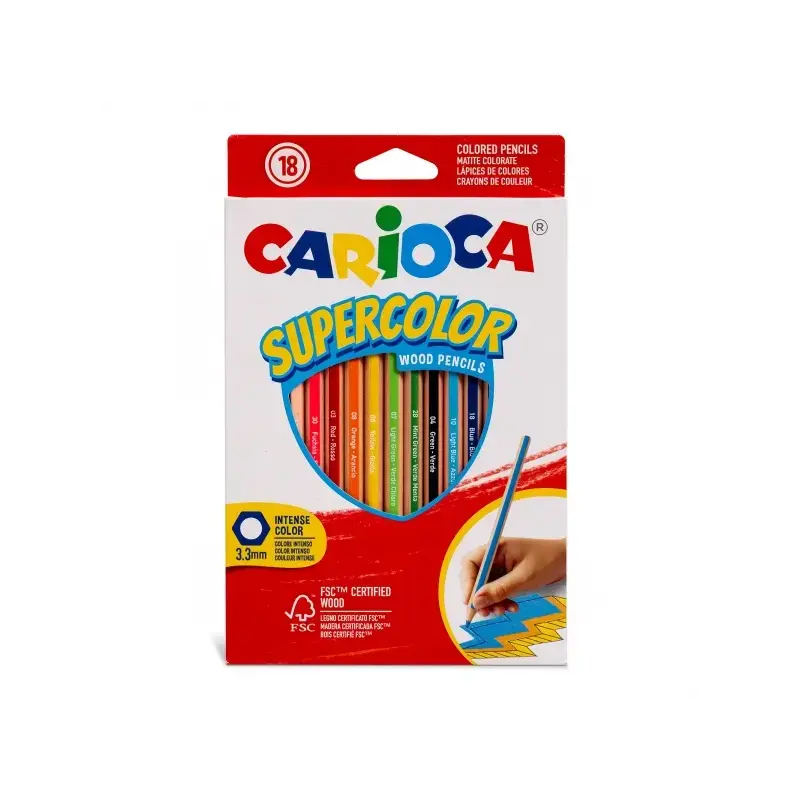 Carioca Supercolor Pack de 18 Lapices de Colores - Cuerpo de Madera Hexagonal - Colores Intensos y Gran Opacidad - Mina de 3.3mm