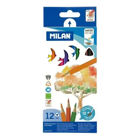 Milan Pack de 12 Lapices Triangulares de Colores Acuarelables + Pincel - Mina 2.9mm - Trazo Uniforme - Resistente a la Rotura -