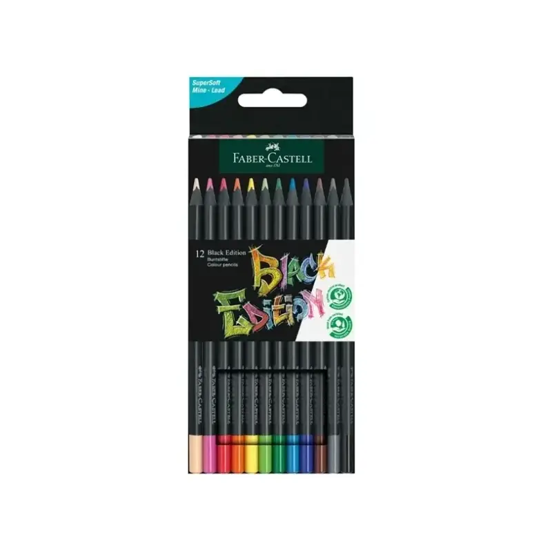 Faber-Castell Black Edition Pack de 12 Lapices de Colores - Mina Supersuave - Madera Negra - Ideales para Dibujo sobre Papel Cla