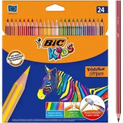 Bic Kids Evolution Stripes Caja de 24 Lapices de Colores surtidos - Fabricados en Resina - Punta Ultraresistente - Mina Pigmenta