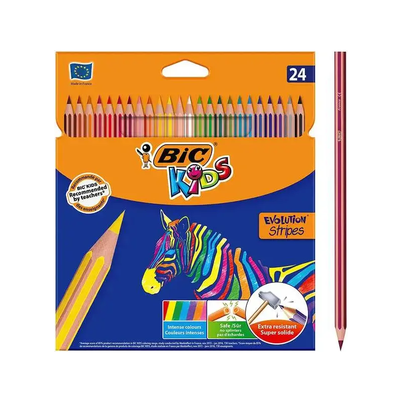 Bic Kids Evolution Stripes Caja de 24 Lapices de Colores surtidos - Fabricados en Resina - Punta Ultraresistente - Mina Pigmenta