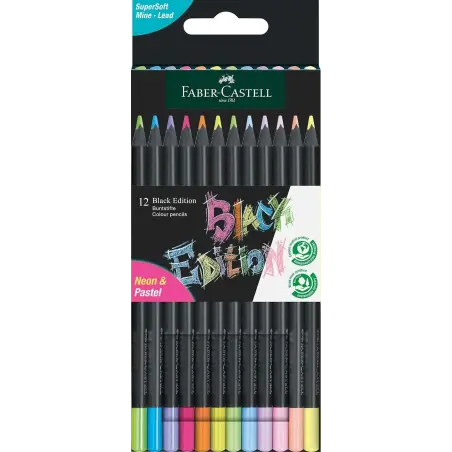 Faber-Castell Black Edition Pack de 12 Lapices de Colores Neon+Pastel - Mina Supersuave - Madera Negra - Ideales para Dibujo sob