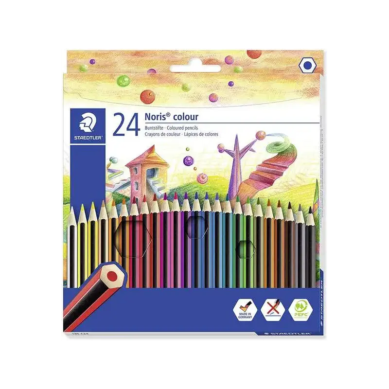 Staedtler Noris Colour 185 Pack de 24 Lapices Hexagonales de Colores - Fabricados en Wopex - Muy Resistentes - Madera de Fuentes