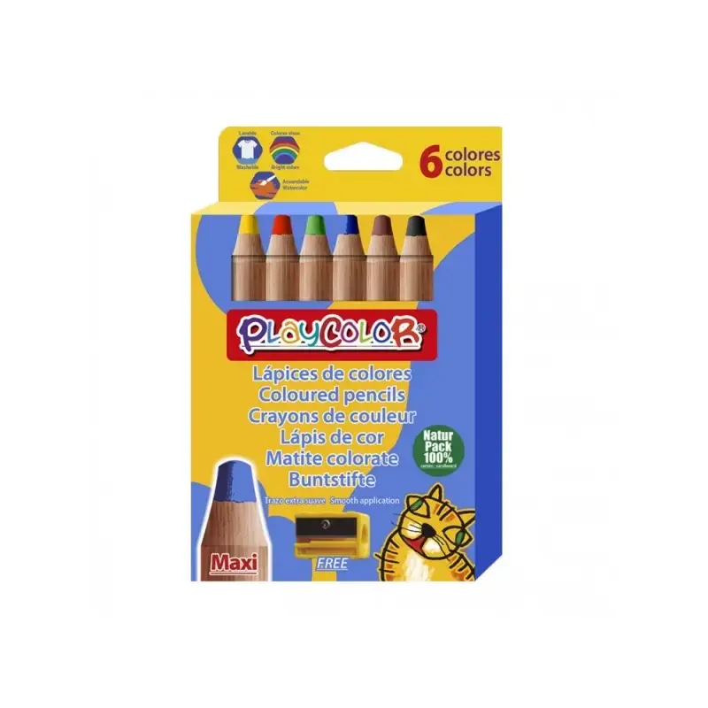 PlayColor Maxi Pack de 6 Lapices de Colores de Punta Gruesa + Sacapuntas - Trazo Extrasuave - Apto para Papel, Carton, Vidrio et