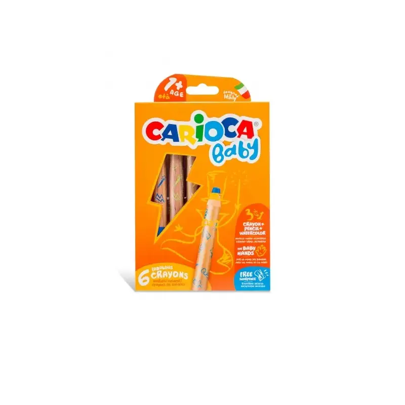 Carioca Baby 1+ 3In1 Pack de 6 Lapices - Lapiz Cera y Acuarela en Uno - Cuerpo Extragrande - Acuarelables - Sacapuntas Incluido