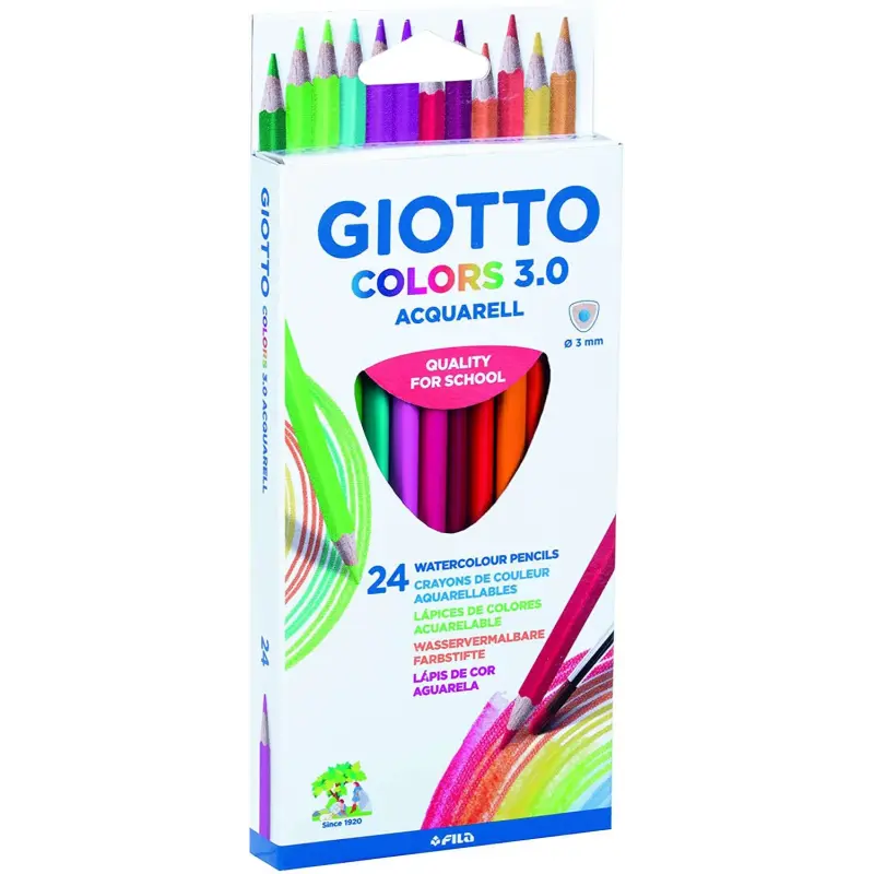 Giotto Colors Acquarell 3.0 Pack de 24 Lapices Triangulares de Colores Acuarelables - Mina 3 mm - Madera - Colores Surtidos | Ah
