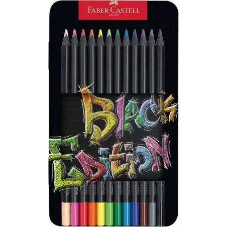 Faber-Castell Black Edition Caja Metalica de 12 Lapices de Colores - Mina Supersuave - Madera Negra - Ideales para Dibujo sobre