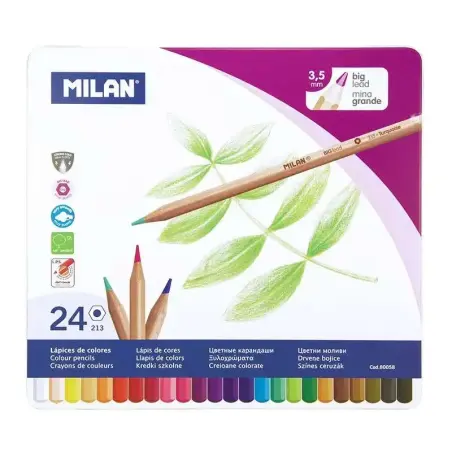 Milan Caja Metalica con 24 Lapices Hexagonales de Colores - Mina 3.5mm - Trazo Uniforme - Resistente a la Rotura - Colores Surti