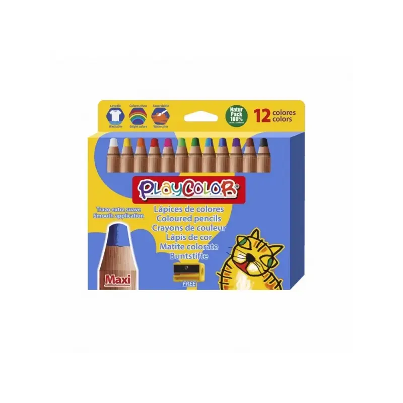 PlayColor Pack de 12 Lapices de Colores de Punta Gruesa + Sacapuntas - Trazo Extrasuave - Apto para Papel, Carton, Vidrio etc...