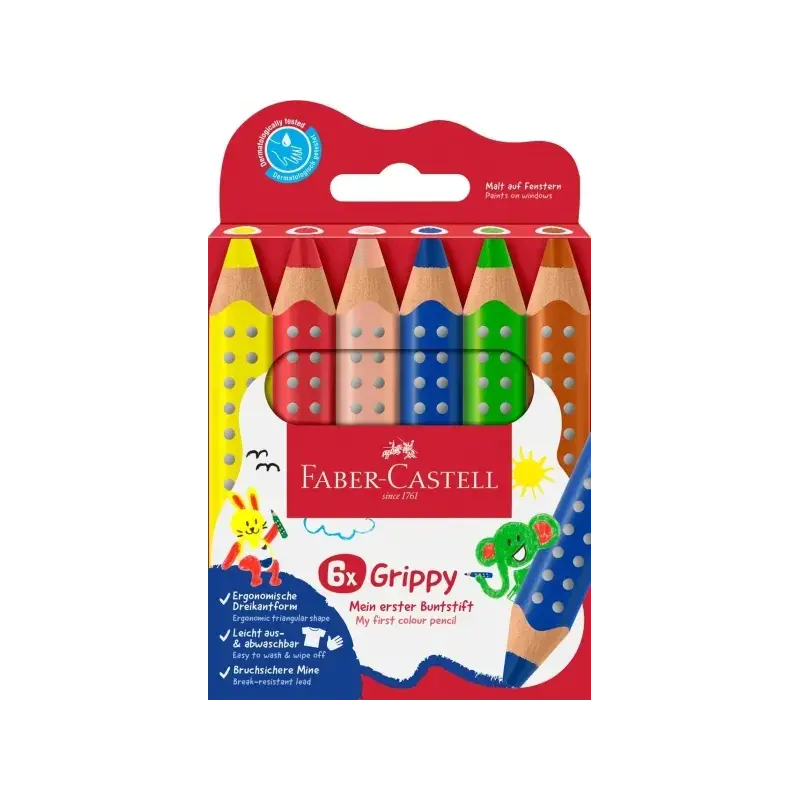 Faber-Castell Grippy Pack con 6 Lapices de Colores Gruesos Mina XXL Suave - Forma Triangular con Grip - Colores Surtidos | Ahorr