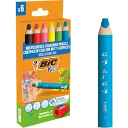 Bic Kids Multisuperficie Pack de 6 Lapices de Colores + Sacapuntas - Cuerpo Triangular - Minas Borrables en Superficies No Poros