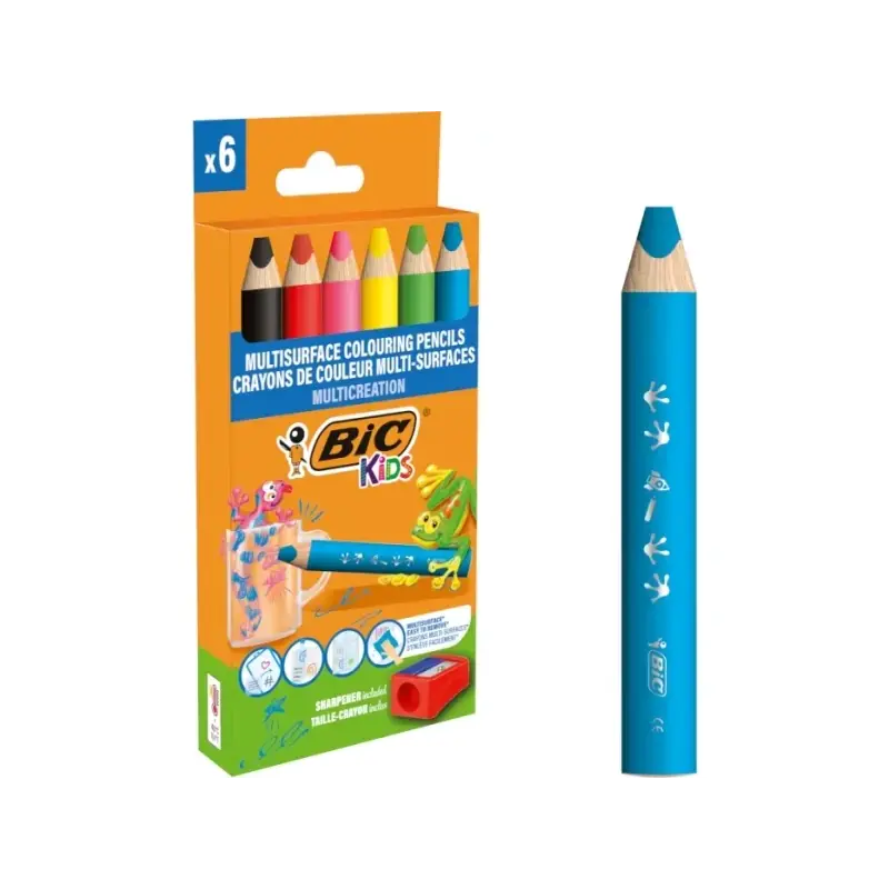 Bic Kids Multisuperficie Pack de 6 Lapices de Colores + Sacapuntas - Cuerpo Triangular - Minas Borrables en Superficies No Poros
