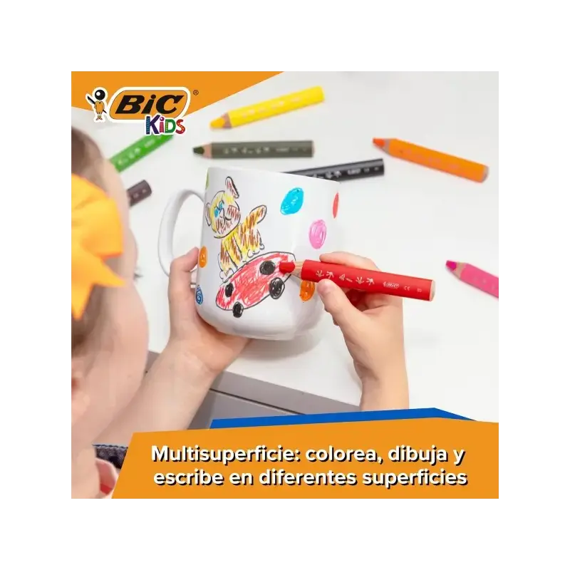 Bic Kids Multisuperficie Pack de 6 Lapices de Colores + Sacapuntas - Cuerpo Triangular - Minas Borrables en Superficies No Poros