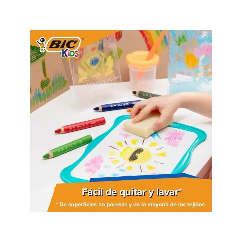 Bic Kids Multisuperficie Pack de 6 Lapices de Colores + Sacapuntas - Cuerpo Triangular - Minas Borrables en Superficies No Poros
