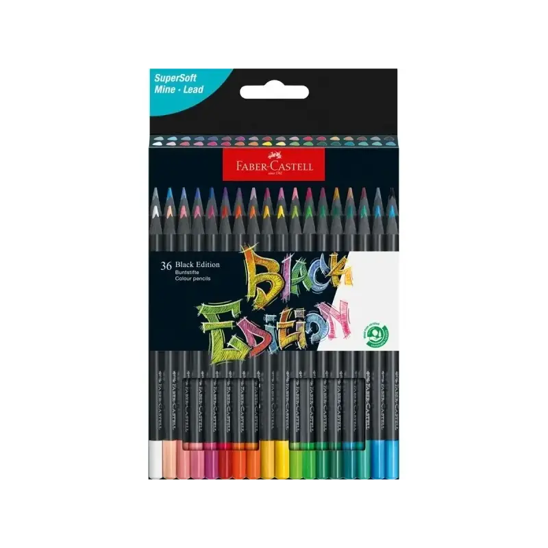 Faber-Castell Black Edition Pack de 36 Lapices de Colores - Mina Supersuave - Madera Negra - Ideales para Dibujo sobre Papel Cla