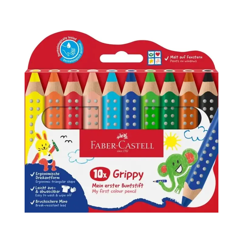Faber-Castell Grippy Pack con 10 Lapices de Colores Gruesos Mina XXL Suave - Forma Triangular con Grip - Colores Surtidos | Ahor
