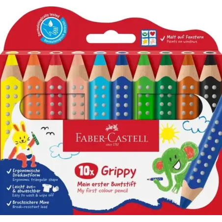 Faber-Castell Grippy Pack con 10 Lapices de Colores Gruesos Mina XXL Suave - Forma Triangular con Grip - Colores Surtidos | Ahor