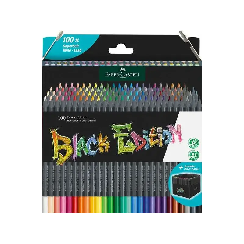 Faber-Castell Black Edition Pack de 100 Lapices de Colores - Mina Supersuave - Madera Negra - Ideales para Dibujo sobre Papel Cl