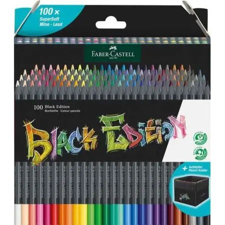 Faber-Castell Black Edition Pack de 100 Lapices de Colores - Mina Supersuave - Madera Negra - Ideales para Dibujo sobre Papel Cl