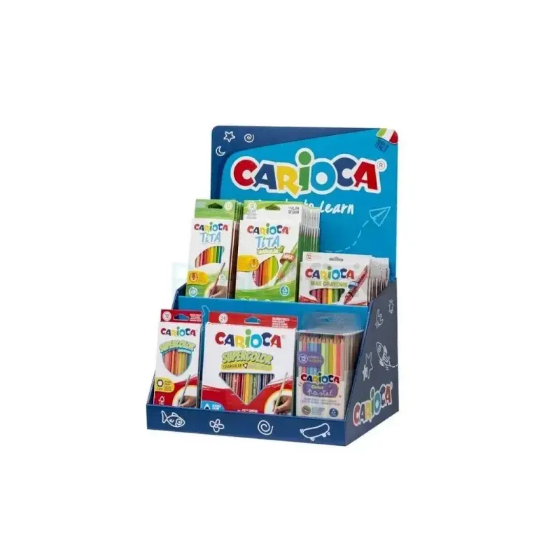 Carioca Expositor Lapices de Colores Incluye 12 Tita Box 12uds, 12 Tita Triangular Box 24uds, 4 Maxi Wax Crayons 24uds, 12 Paste