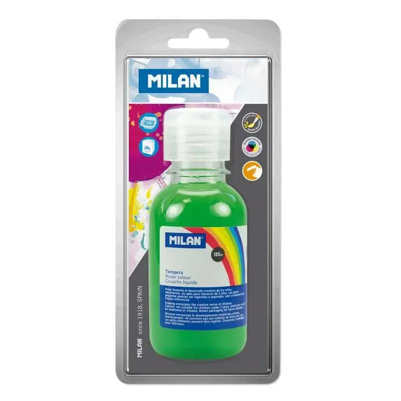 Milan Botella de Tempera 125 ml - Tapon Dosificador - Secado Rapido - Mezclable - Color Verde Claro | Ahorro Imprimiendo