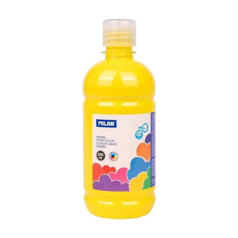 Milan Botella de Tempera 500ml - Tapon Dosificador - Secado Rapido - Mezclable - Color Amarillo | Ahorro Imprimiendo