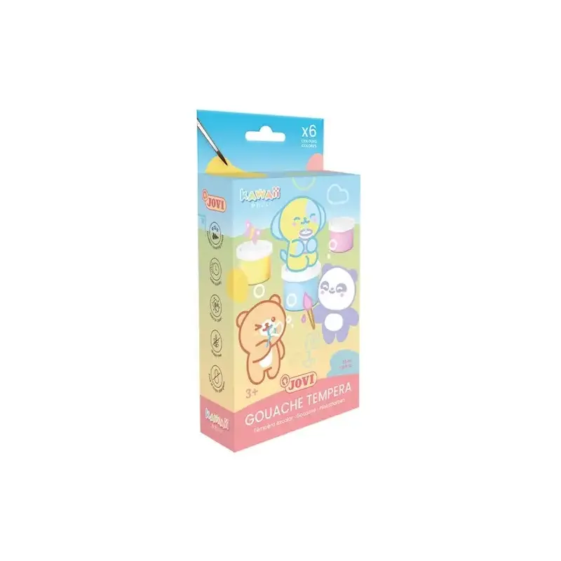 Jovi Kawaii Pack con 6 Botes de Tempera 35ml + Pincel - Secado Rapido - Excelente Adherencia - Lista para Usar - Colores Surtido