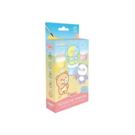 Jovi Kawaii Pack con 6 Botes de Tempera 35ml + Pincel - Secado Rapido - Excelente Adherencia - Lista para Usar - Colores Surtido