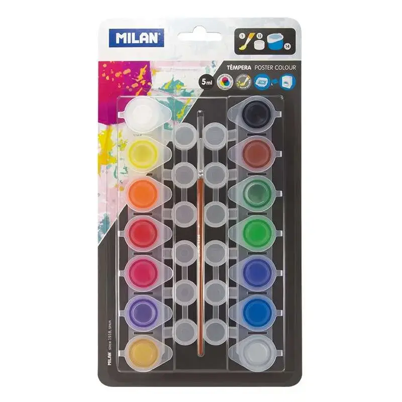 Milan Pack de 14 Tarros de Tempera 5 ml + 12 Botes para Mezclas + 1 Pincel Serie 101 - Secado Rapido - Mezclable - Colores Surti
