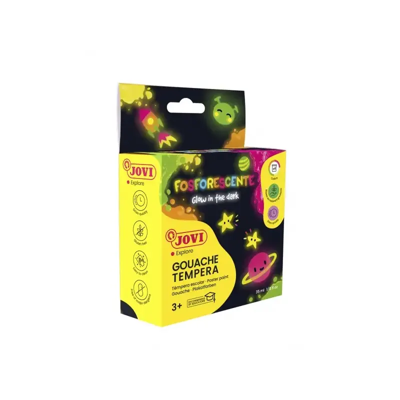 Jovi Gouache Estuche de 4 Botes de Tempera 35ml Tempera Escolar - Colores Fosforescentes - Brilla en la Oscuridad - Secado Rapid