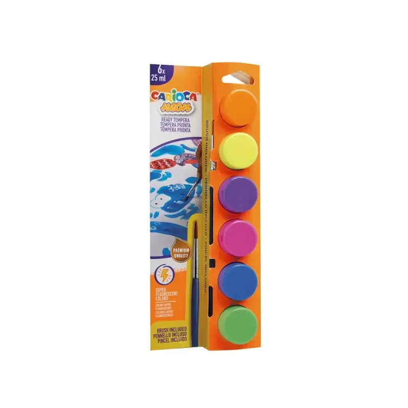 Carioca Neon Pack de 6 Temperas en Botes de 25ml + Pincel - Superlavables - Mezclables - Colores Neon Surtidos | Ahorro Imprimie
