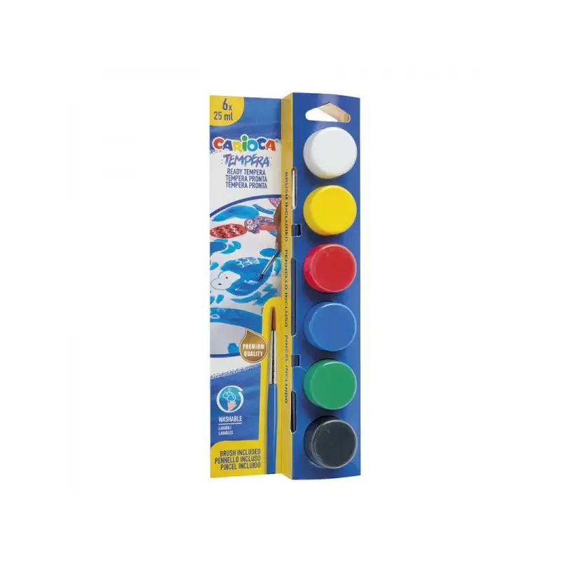 Carioca Pack de 6 Temperas en Botes de 25ml + Pincel - Superlavables - Mezclables - Colores Surtidos | Ahorro Imprimiendo