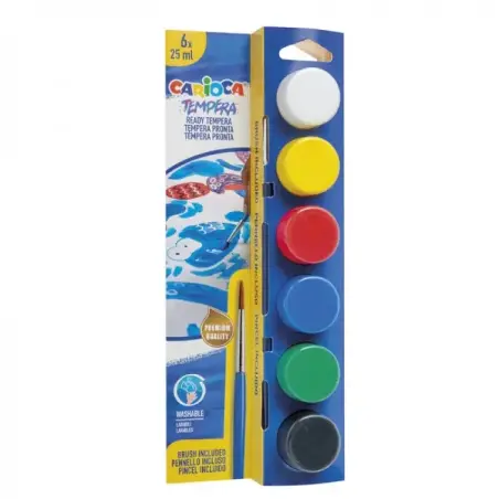 Carioca Pack de 6 Temperas en Botes de 25ml + Pincel - Superlavables - Mezclables - Colores Surtidos | Ahorro Imprimiendo
