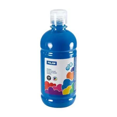 Milan Botella de Tempera 500ml - Tapon Dosificador - Secado Rapido - Mezclable - Color Azul Cyan | Ahorro Imprimiendo