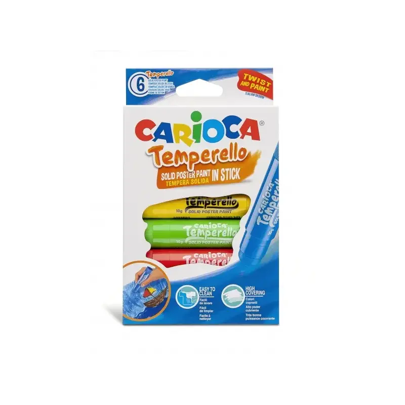 Carioca Temperello Pack de 6 Temperas Solidas - Colores Brillantes y Lavables - Gran Cobertura - Faciles de Mezclar - Acabado Sa