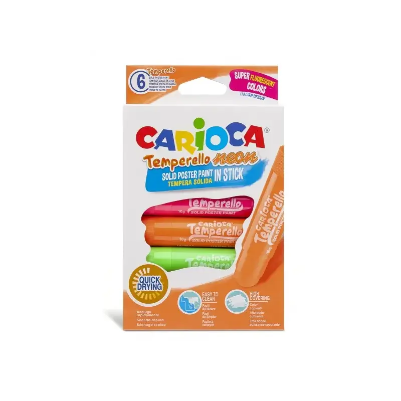 Carioca Temperello Neon Pack de 6 Temperas Solidas - Colores Brillantes y Lavables - Gran Cobertura - Faciles de Mezclar - sin D