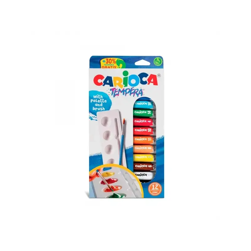 Carioca Pack de 12 Tubitos de Tempera 10ml + Pincel y Paleta - Alto Poder Cubriente - Aplicable en Materiales Porosos - Colores