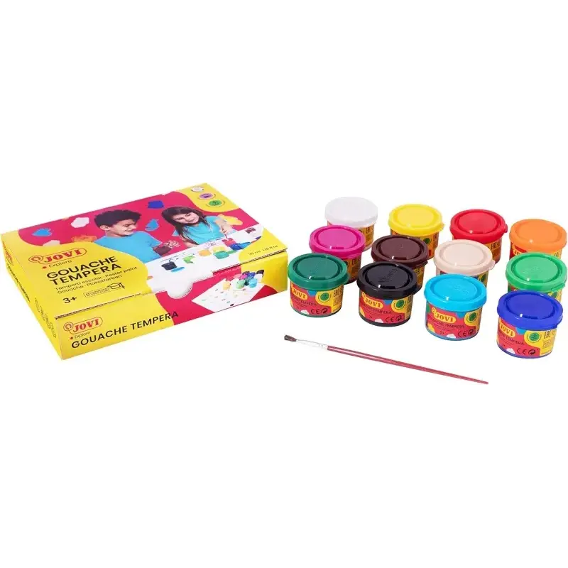 Jovi Pack con 12 Botes de Tempera 35ml - Mezclables - Para Papel, Cartulina, Madera, Tela, Pasta de Modelar y Barro - Incluye Pi