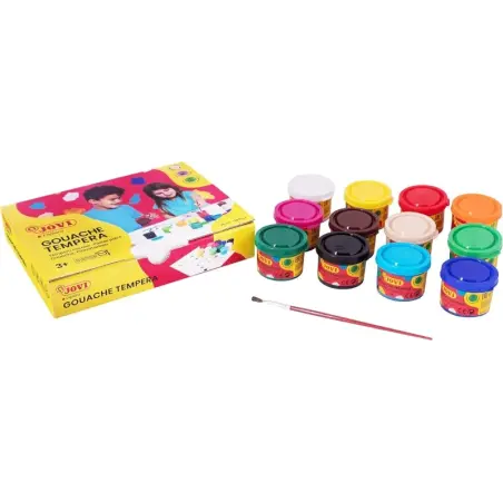 Jovi Pack con 12 Botes de Tempera 35ml - Mezclables - Para Papel, Cartulina, Madera, Tela, Pasta de Modelar y Barro - Incluye Pi