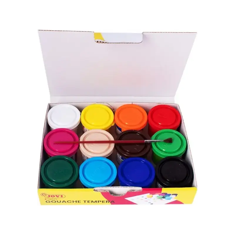 Jovi Pack con 12 Botes de Tempera 35ml - Mezclables - Para Papel, Cartulina, Madera, Tela, Pasta de Modelar y Barro - Incluye Pi