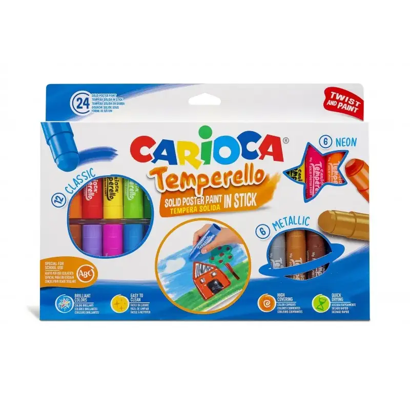 Carioca Temperello Pack de 24 Temperas Solidas - Colores Brillantes y Lavables - Gran Cobertura - Faciles de Mezclar - Sin Disol