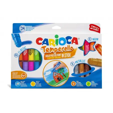 Carioca Temperello Pack de 24 Temperas Solidas - Colores Brillantes y Lavables - Gran Cobertura - Faciles de Mezclar - Sin Disol