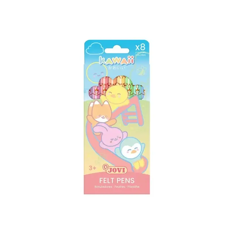 Jovi Kawaii Felt Pens Pack con 8 Rotuladores Punta Media de 3mm - Capuchon de Seguridad Ventilado - Grip Triangular Ergonomico -