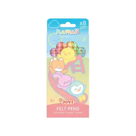 Jovi Kawaii Felt Pens Pack con 8 Rotuladores Punta Media de 3mm - Capuchon de Seguridad Ventilado - Grip Triangular Ergonomico -
