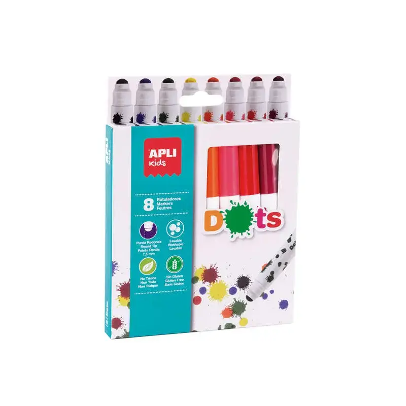 Apli Kids Dots Pack de 8 Rotuladores Punta Redonda Bloqueada de Ø 7.5mm - Facilmente Lavables - Capuchon Anti Asfixia- Colores S