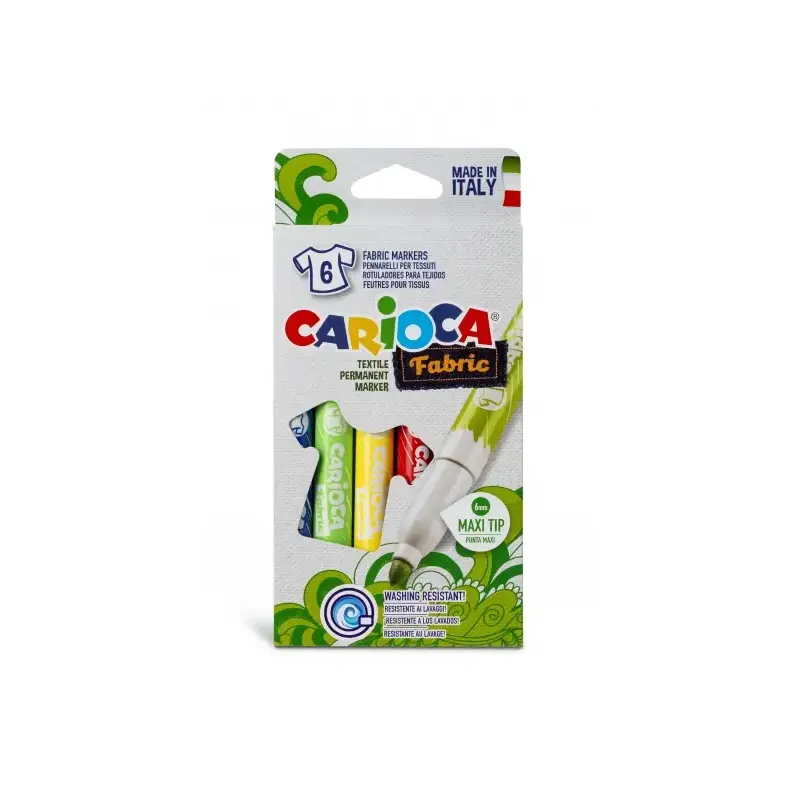 Carioca Fabric Pack de 6 Rotuladores para Tejidos - Punta Maxi Ø 6mm - Tinta Especial para Tejidos - Colores Indelebles Tras Apl