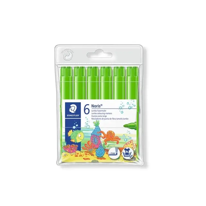 Staedtler Noris Jumbo 340 Pack de 6 Rotuladores Jumbo - Punta de Fibra - Trazo 3mm - Tapa Ventilada - Color Verde Claro | Ahorro