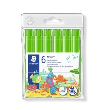 Staedtler Noris Jumbo 340 Pack de 6 Rotuladores Jumbo - Punta de Fibra - Trazo 3mm - Tapa Ventilada - Color Verde Claro | Ahorro