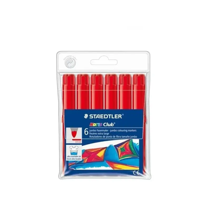 Staedtler Noris Jumbo 340 Pack de 6 Rotuladores Jumbo - Punta de Fibra - Trazo 3mm - Tapa Ventilada - Color Rojo | Ahorro Imprim